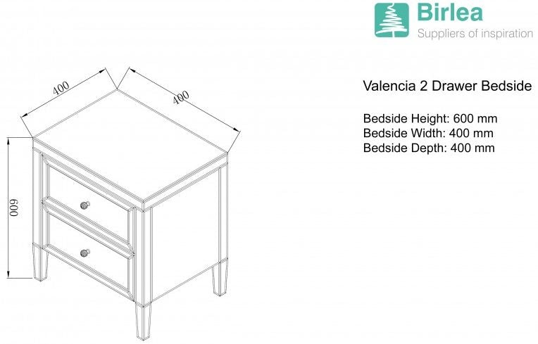 Valencia Mirrored 2 Drawer Bedside Cabinet