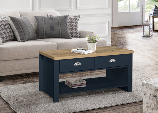 Birlea Highgate 2 Drawer Coffee Table Navy Blue & Oak