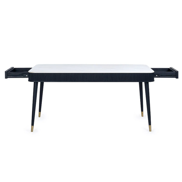 LOUIS BLACK FLUTED STONE TOP DINING TABLE WITH DRAWERS