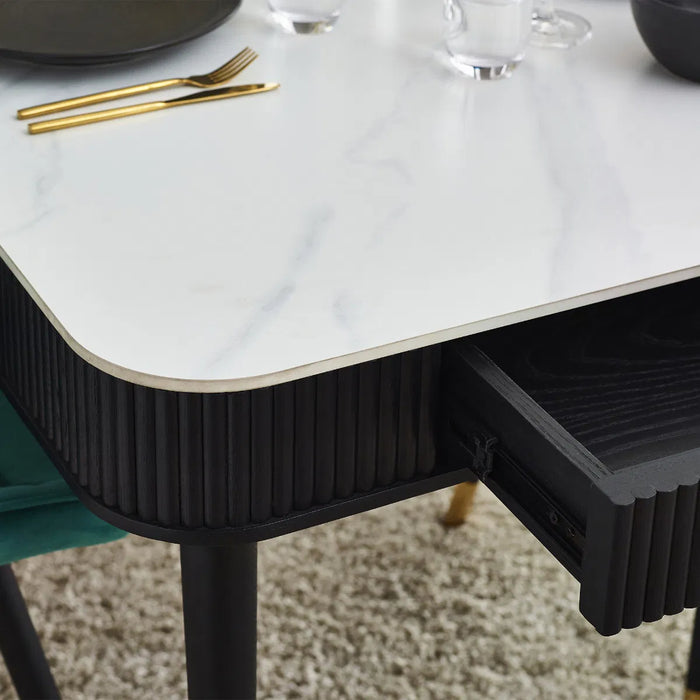 LOUIS BLACK FLUTED STONE TOP DINING TABLE WITH DRAWERS