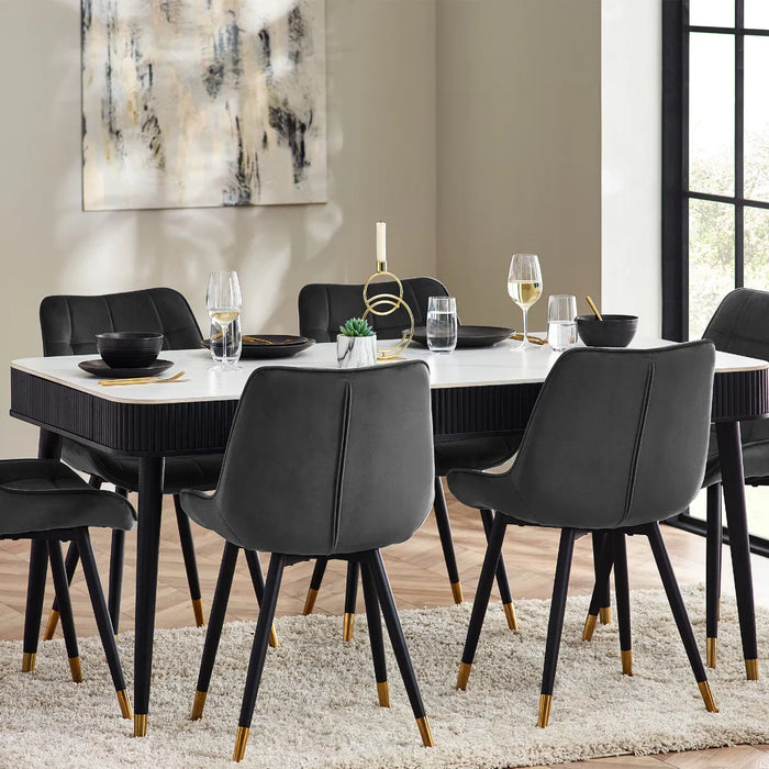 LOUIS BLACK FLUTED STONE TOP DINING TABLE WITH DRAWERS