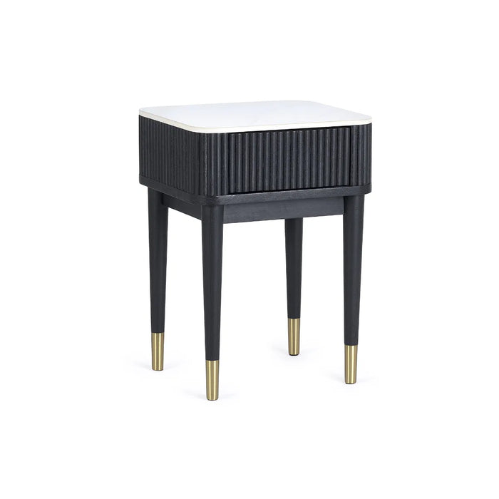 LOUIS BLACK FLUTED STONE TOP LAMP TABLE WITH DRAWER